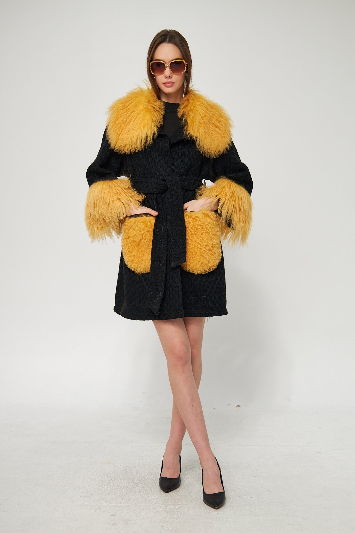 Genuine Lambskin Black Coat with Faux Fur Collar