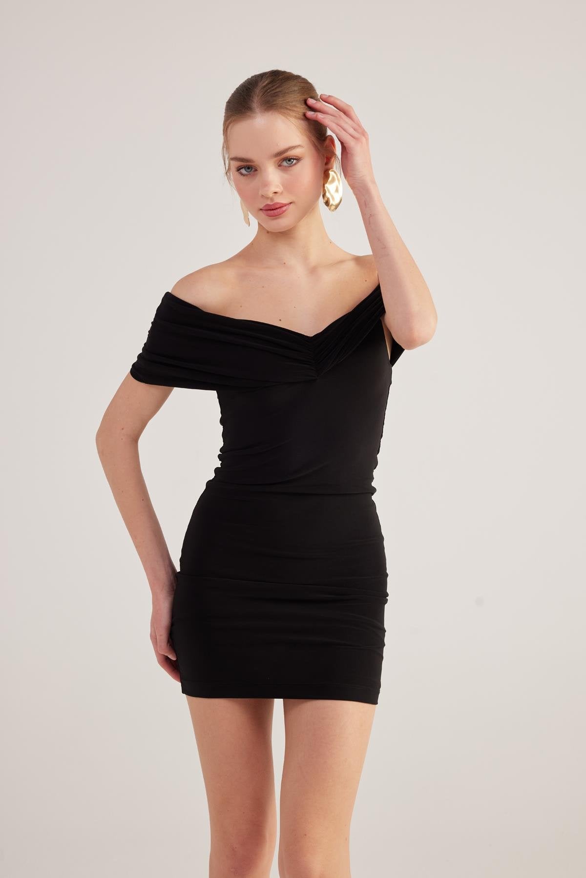 Muse Black Bardot Neck Mini Dress Black / S / Polyester - Elastane Blend Muse Black Bardot Neck Mini Dress Black / S / Polyester - Elastane Blend