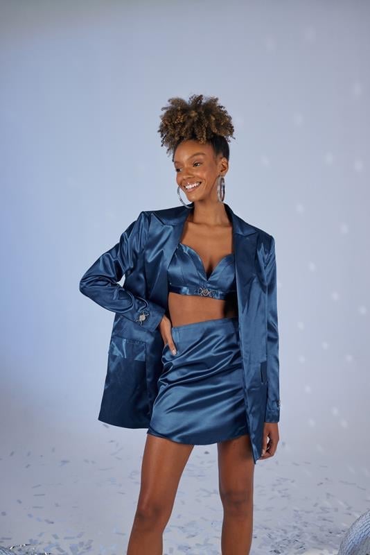 Fancy Navy Blue Satin Blazer Jacket