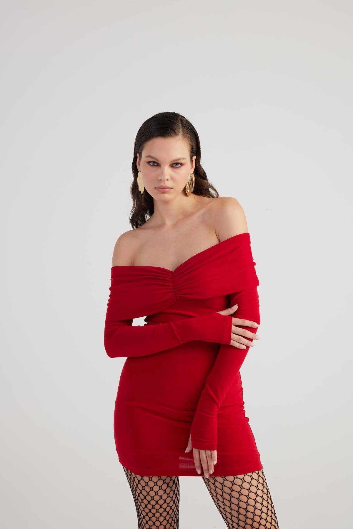 Dreamer Rotes Minikleid mit Bardot-Ausschnitt