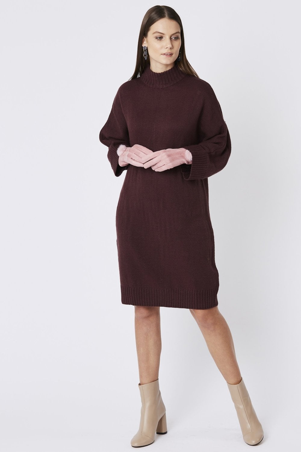 Hellrosa Wildlederimitat-Handschuhe mit Kunstfellbommel