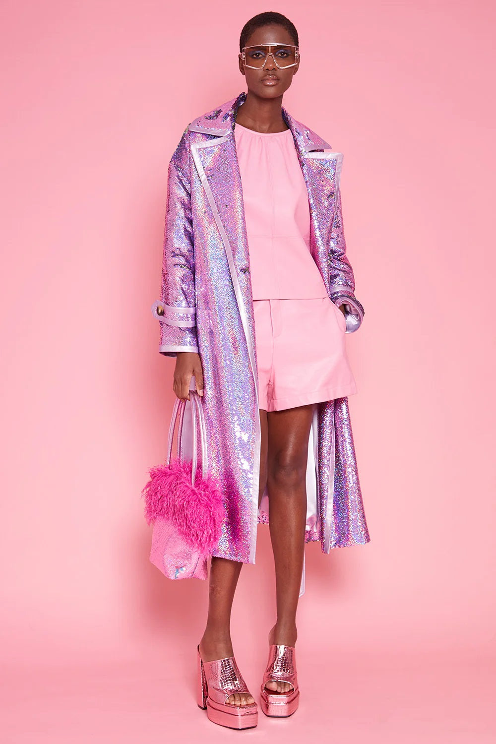 Rosa Bambus-Pailletten-Kunstpelztasche