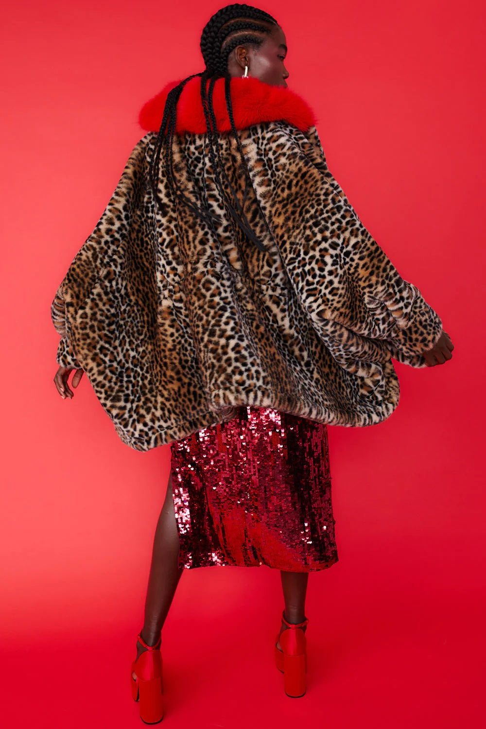 Red Faux Fur Leopard Print Swing Coat