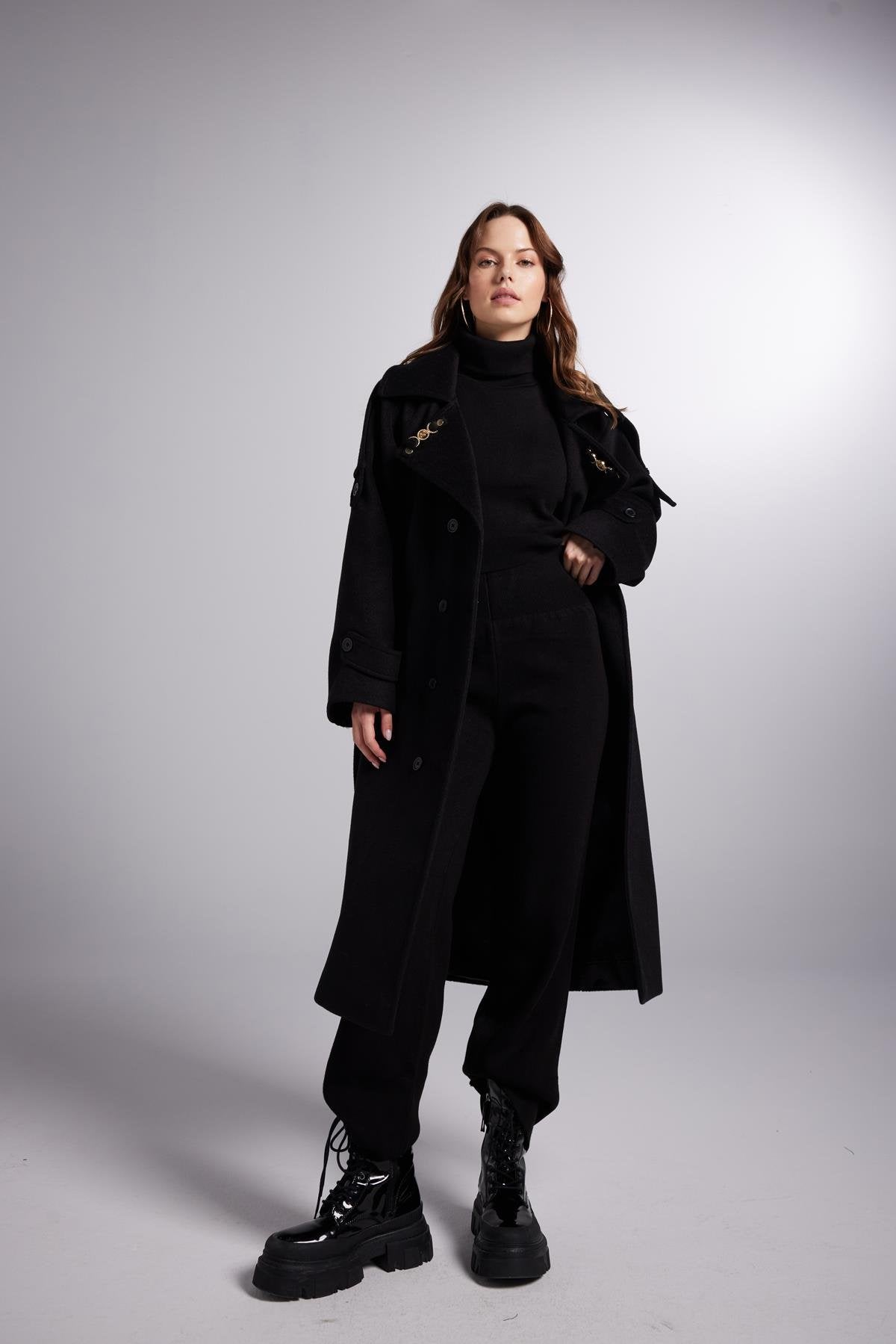 Accessorized Wool Blended Cashmere Maxi Woody Black Coat