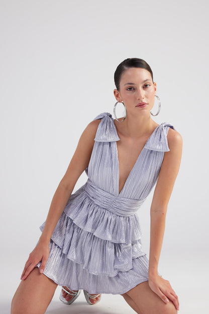 Glare Blue Shiny Pleated Mini Ruffle Dress