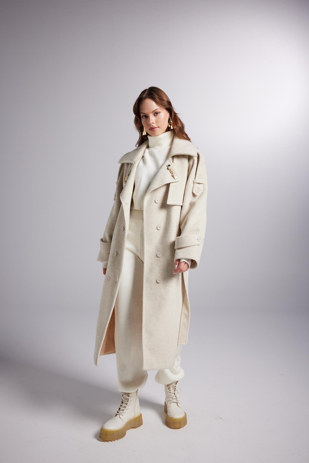 Accessorized Wool Blended Cashmere Maxi Woody Ecru Coat