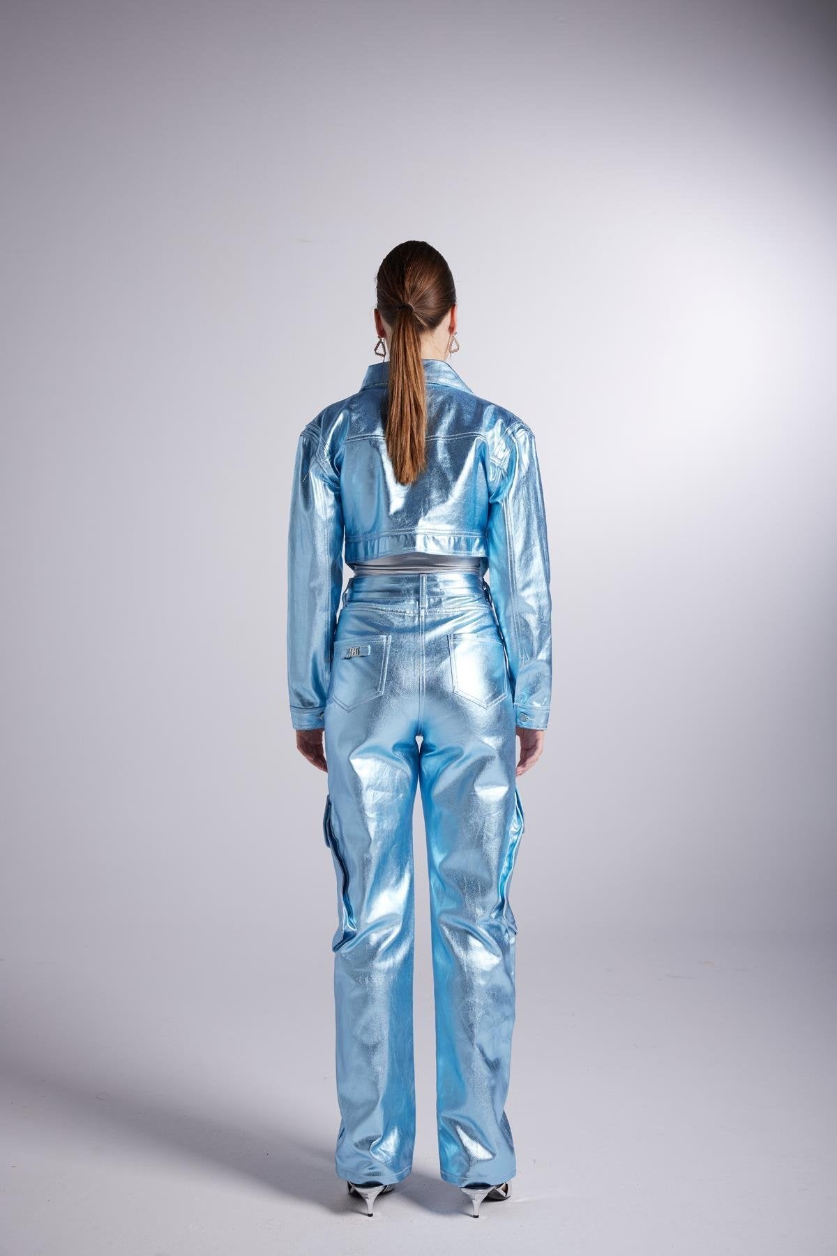 Metallic Blue Glossy Millen Cropped Jacket