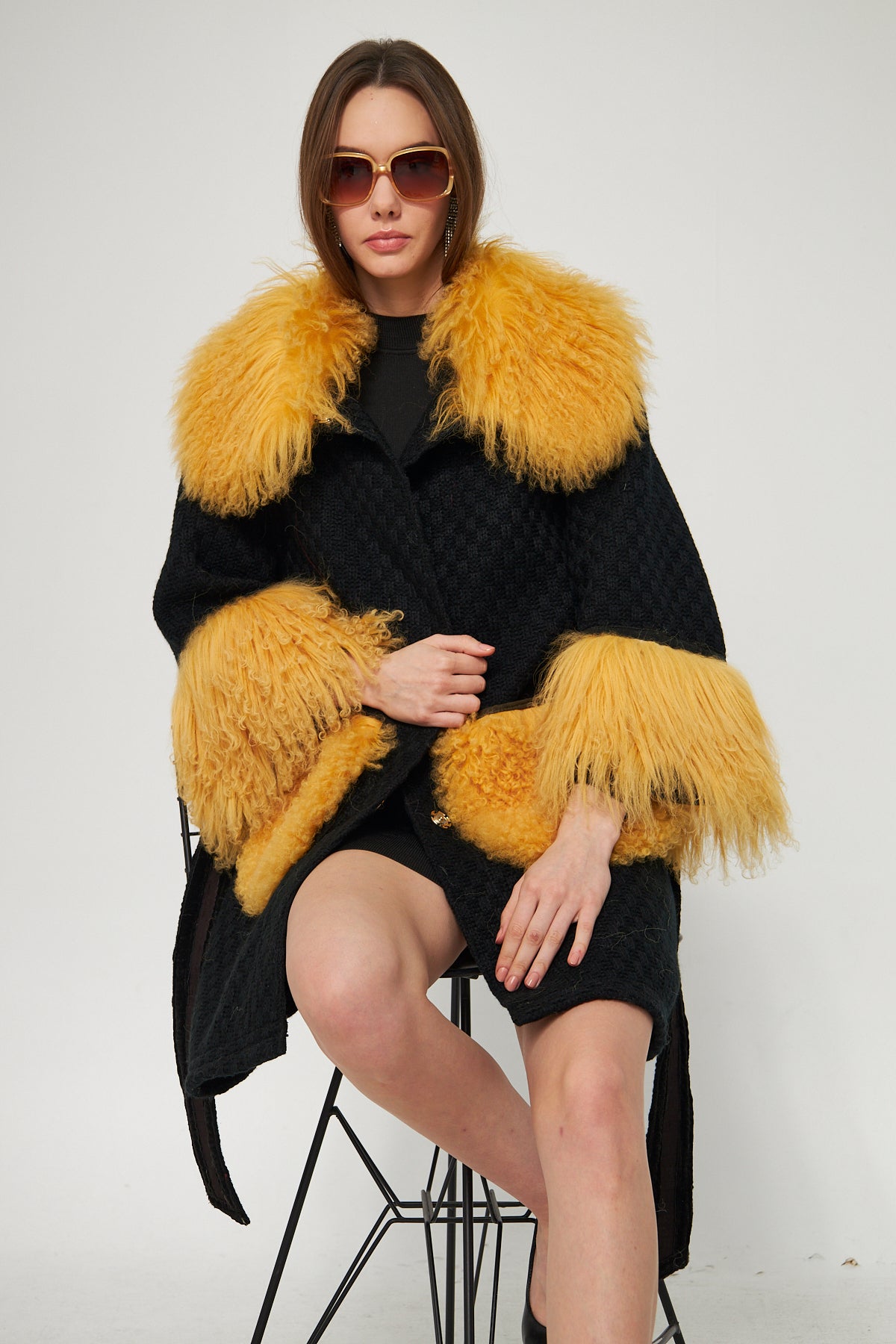 Genuine Lambskin Black Coat with Faux Fur Collar