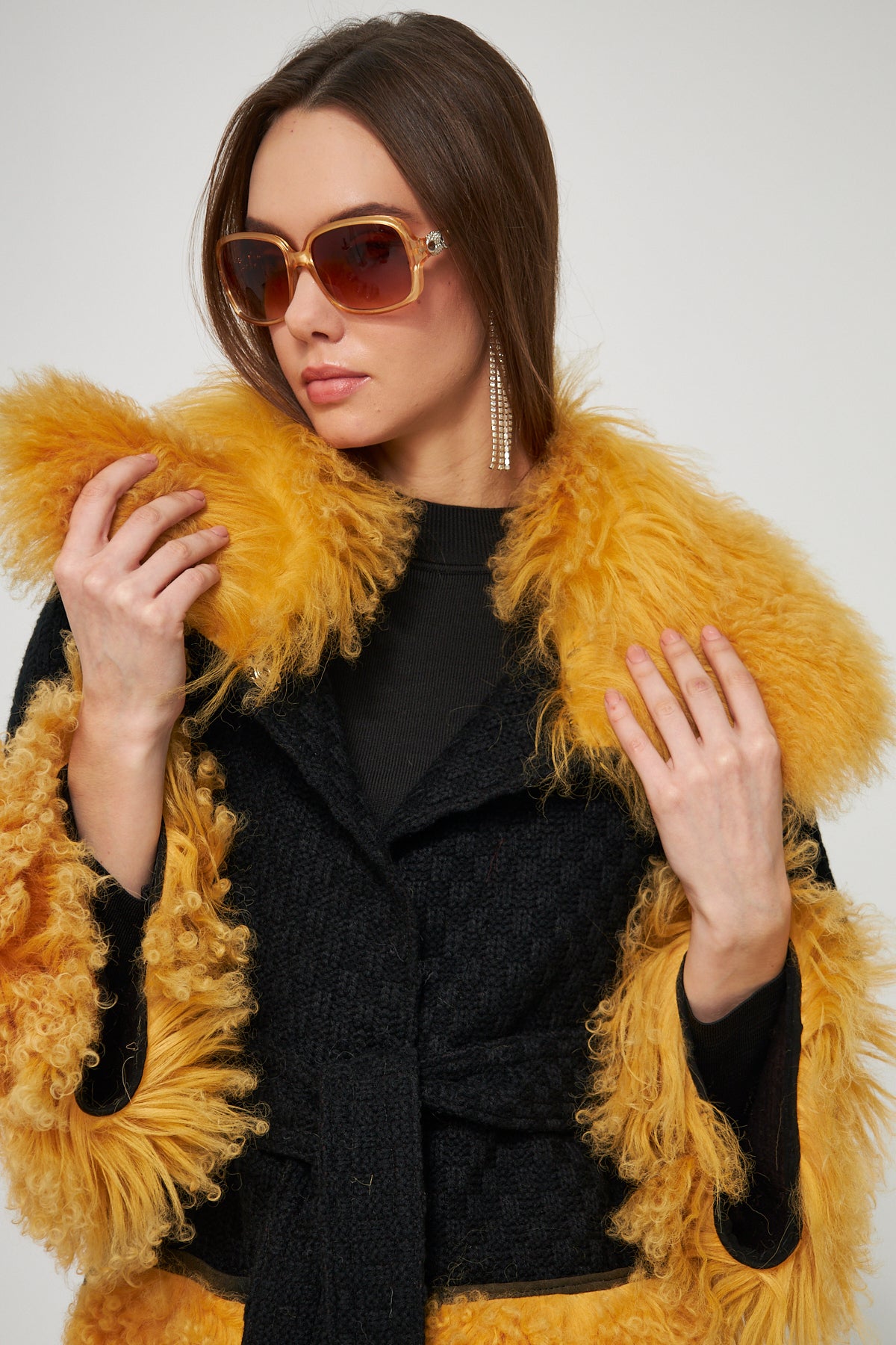 Genuine Lambskin Black Coat with Faux Fur Collar