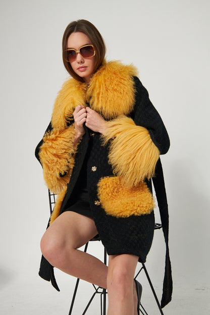 Genuine Lambskin Black Coat with Faux Fur Collar