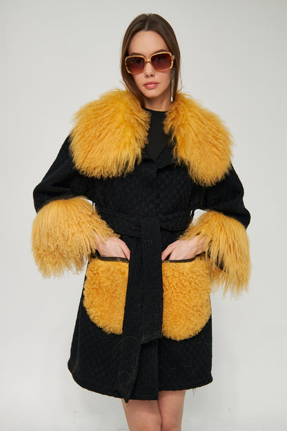 Genuine Lambskin Black Coat with Faux Fur Collar