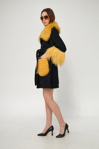 Genuine Lambskin Black Coat with Faux Fur Collar