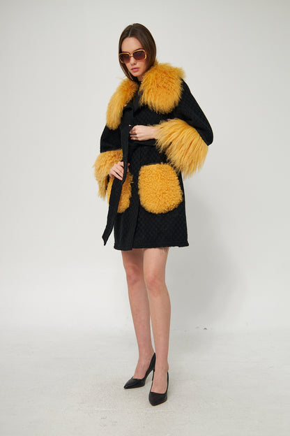 Genuine Lambskin Black Coat with Faux Fur Collar