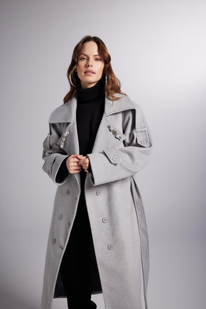 Accessorized Wool Blended Cashmere Maxi Woody Grey Coat