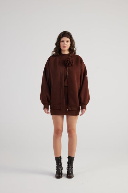 Alexa Brown Oversize Bomber Jacket with Removable Rose Accessory