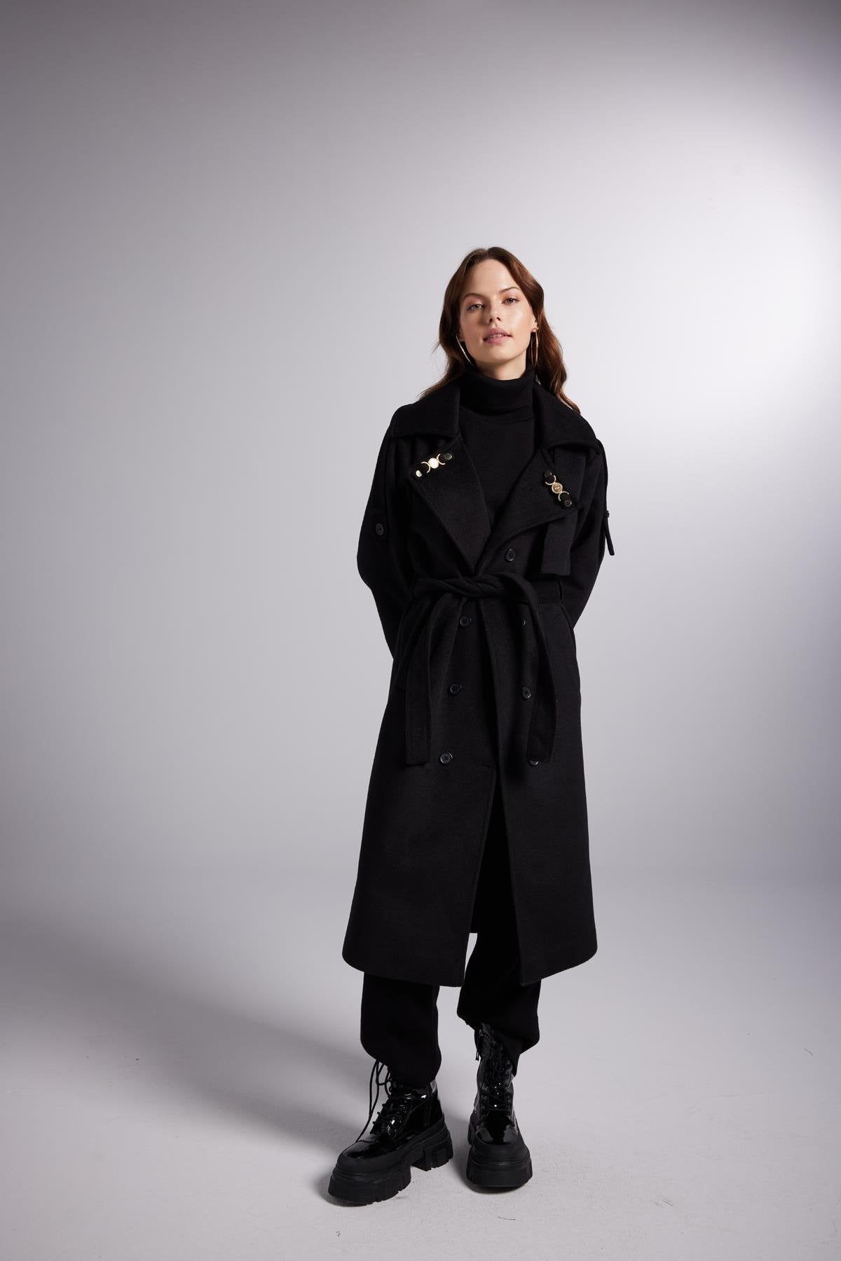 Accessorized Wool Blended Cashmere Maxi Woody Black Coat