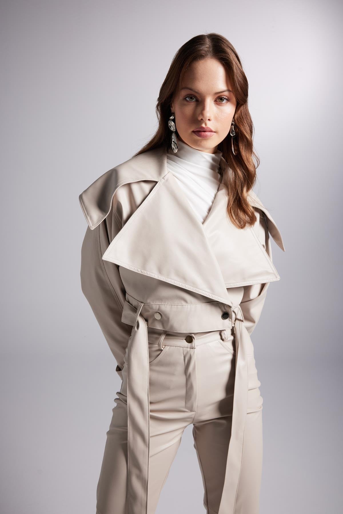 Neeko Beige Faux Leather Cropped Jacket