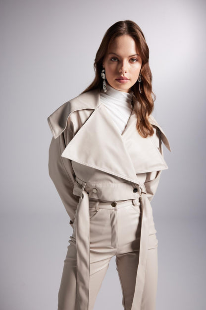 Neeko Beige Faux Leather Cropped Jacket