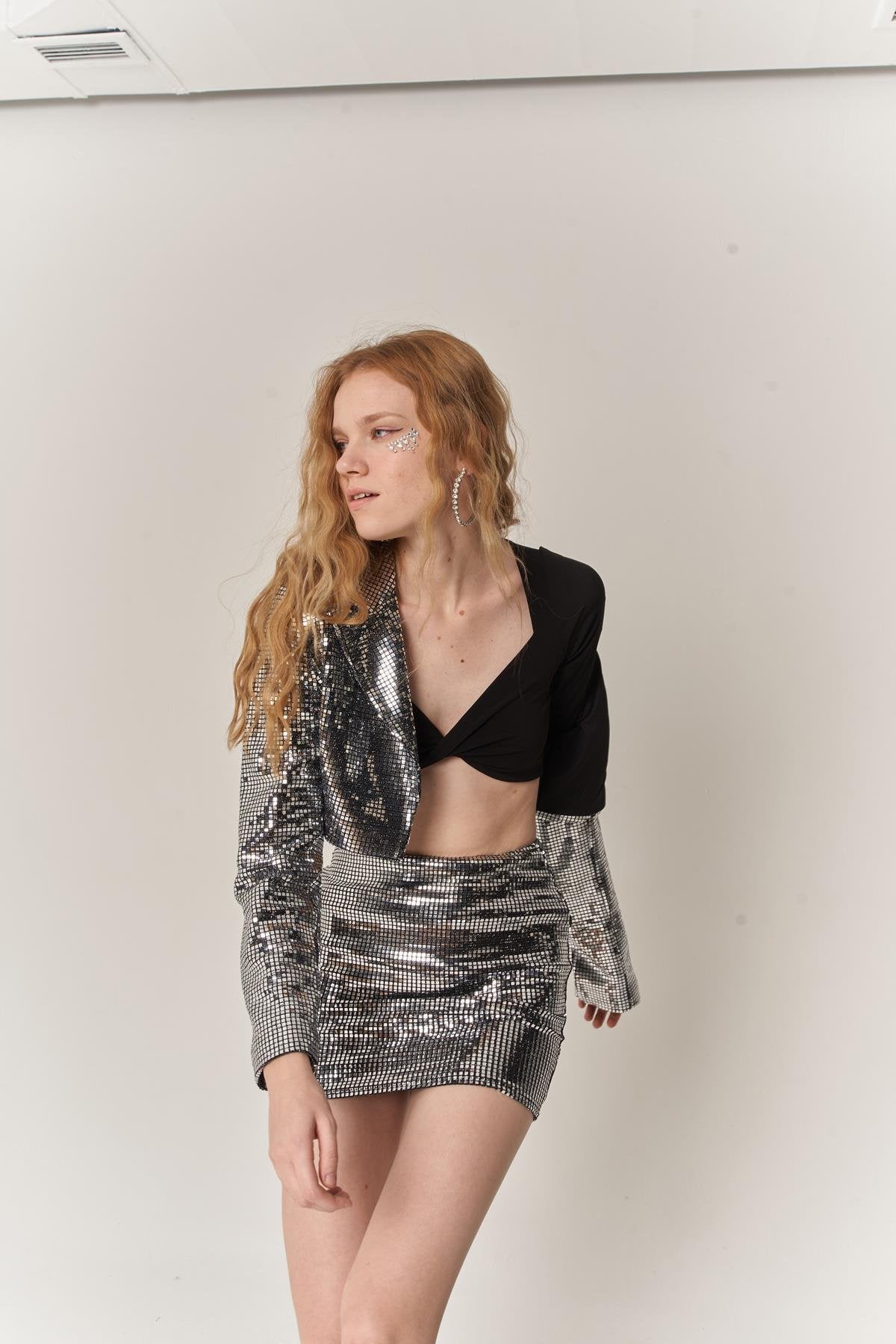 Glammy Silver Sequin Cropped Jacket