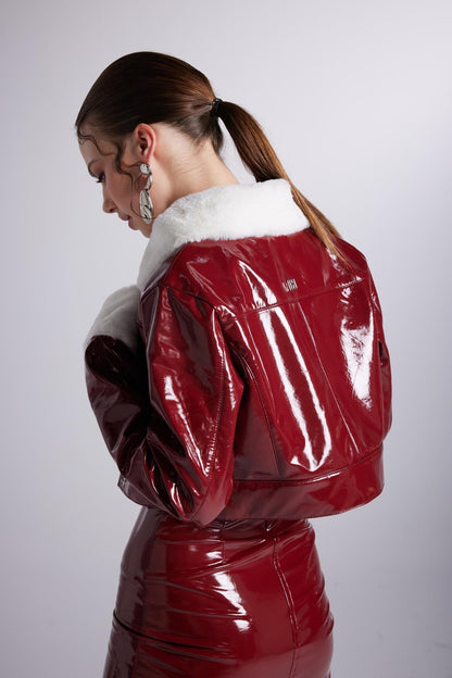 Bria Burgundy Faux Patent Leather Crop Jacket with Faux Fur Collar and Cuffs