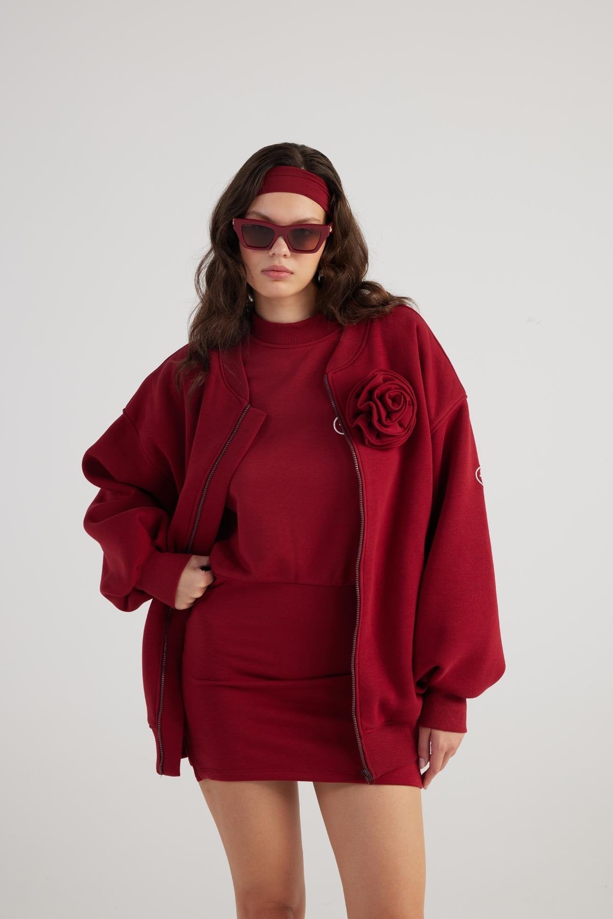 Alexa Burgundy Oversize Bomber Jacket with Removable Rose Accessory