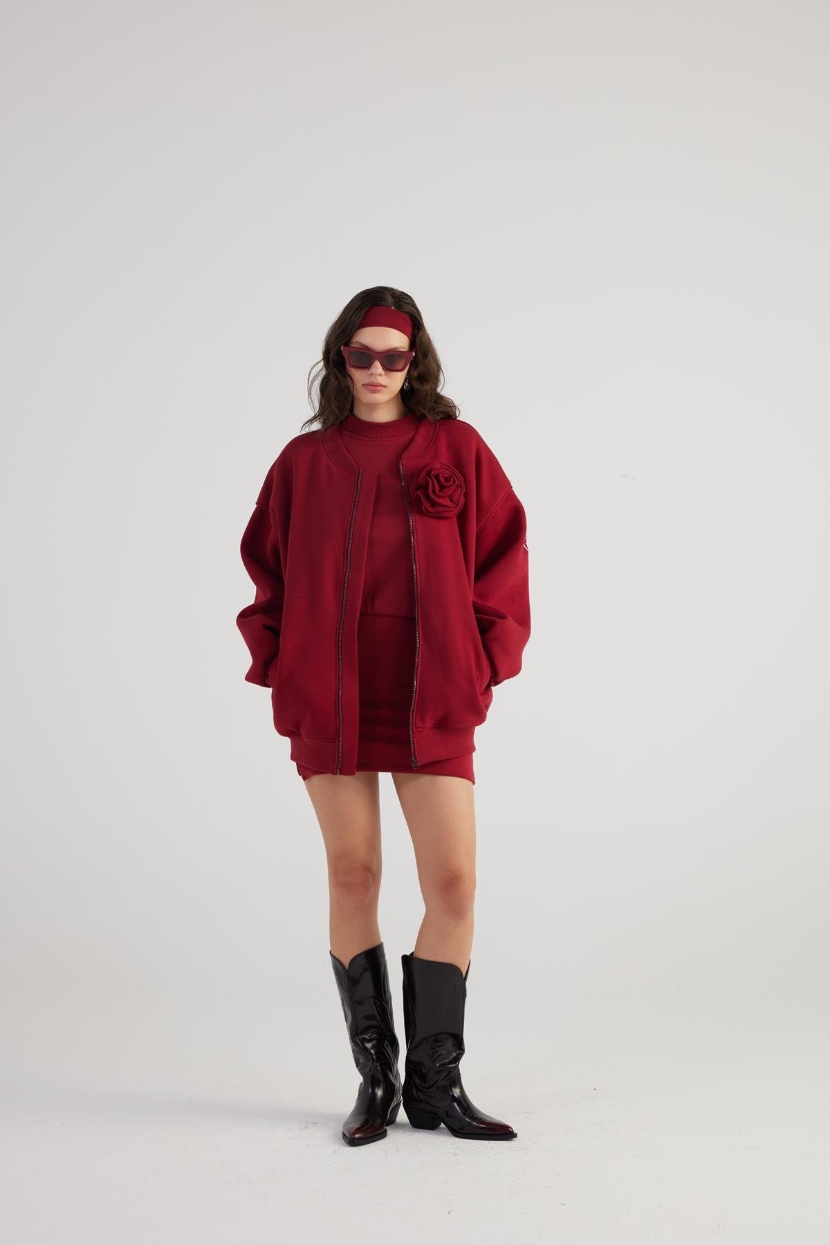 Alexa Burgundy Oversize Bomber Jacket with Removable Rose Accessory