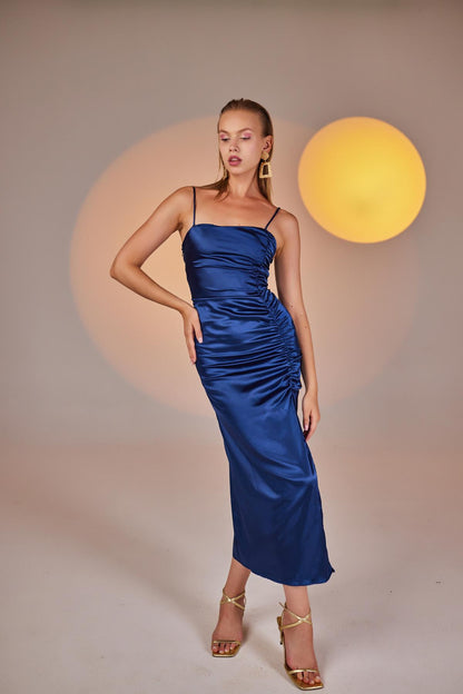 Dipsy Blue Satin Strappy Slit Midi Dress