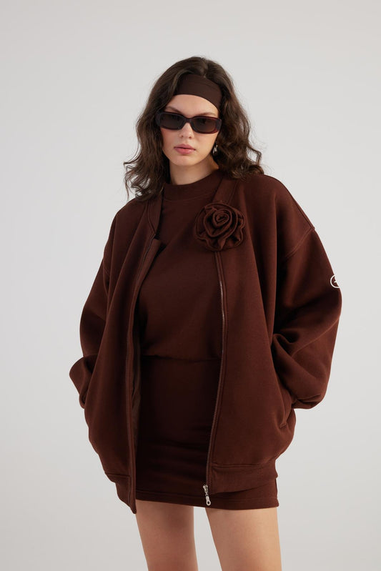 Alexa Brown Oversize Bomber Jacket with Removable Rose Accessory