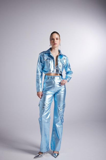 Metallic Blue Glossy Millen Cropped Jacket