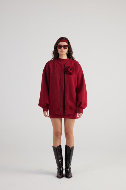 Alexa Burgundy Oversize Bomber Jacket with Removable Rose Accessory