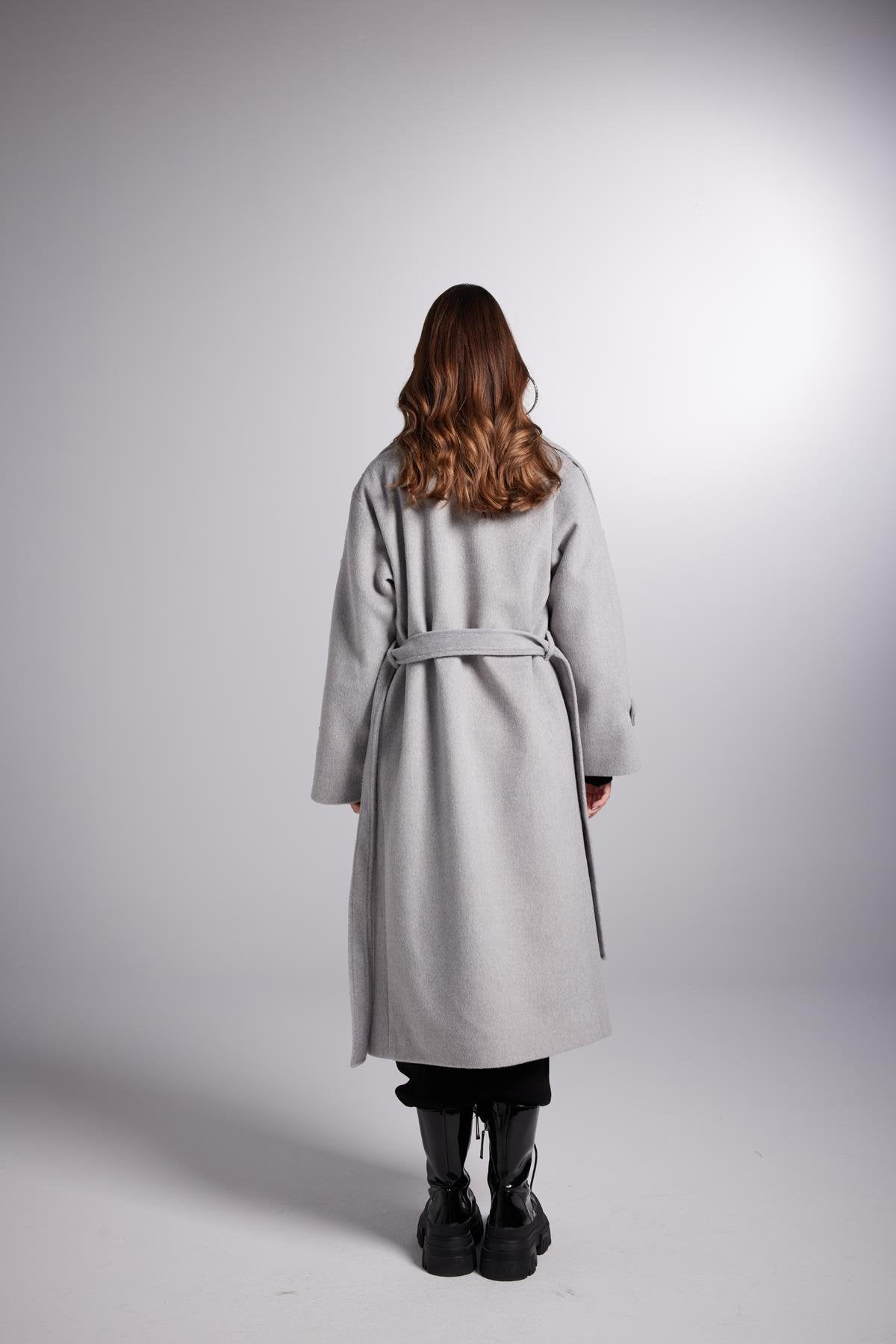 Accessorized Wool Blended Cashmere Maxi Woody Grey Coat