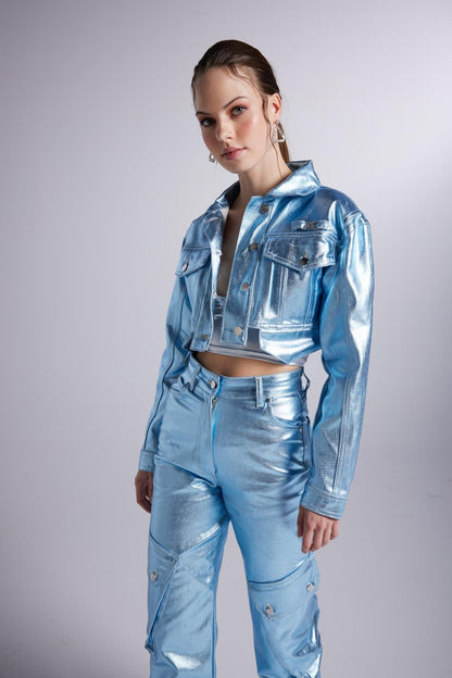 Metallic Blue Glossy Millen Cropped Jacket