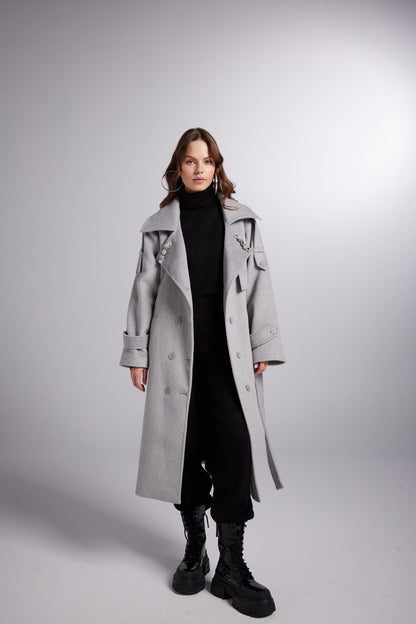 Accessorized Wool Blended Cashmere Maxi Woody Grey Coat