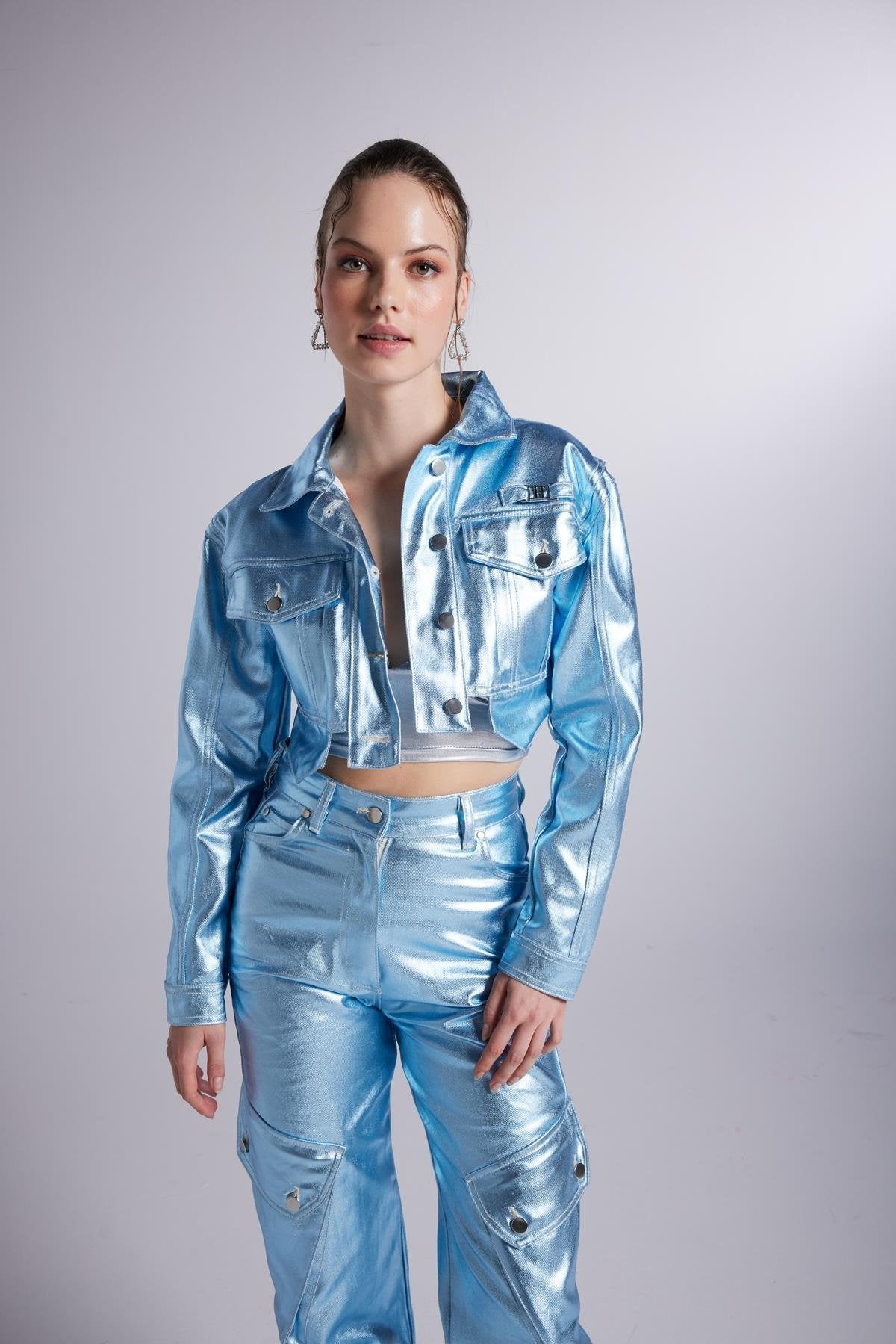 Metallic Blue Glossy Millen Cropped Jacket