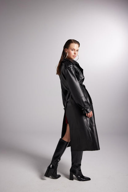 Collider Black Faux Leather Trench Coat