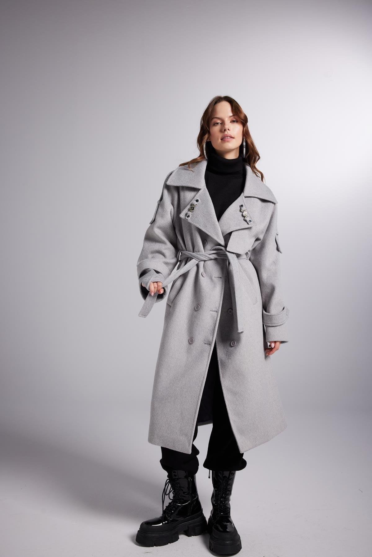 Accessorized Wool Blended Cashmere Maxi Woody Grey Coat