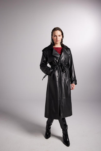 Collider Black Faux Leather Trench Coat