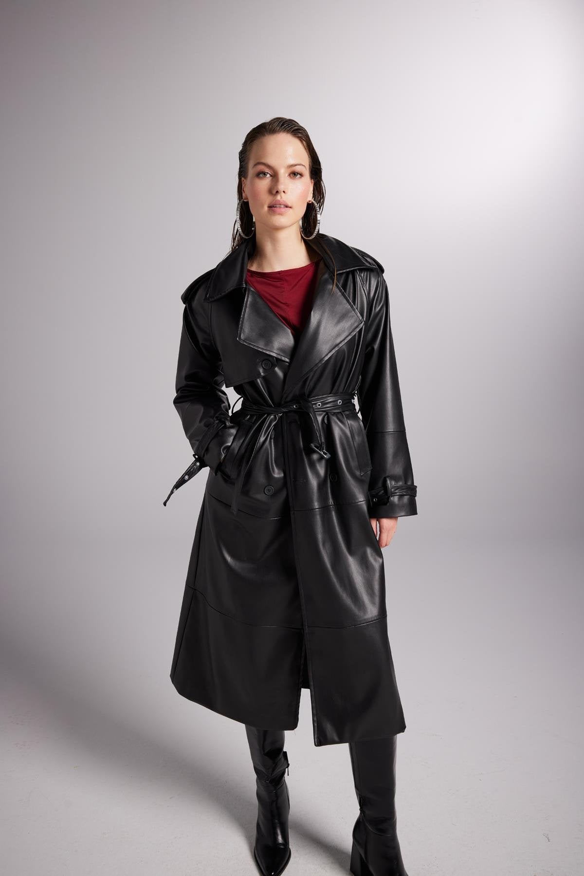 Collider Black Faux Leather Trench Coat