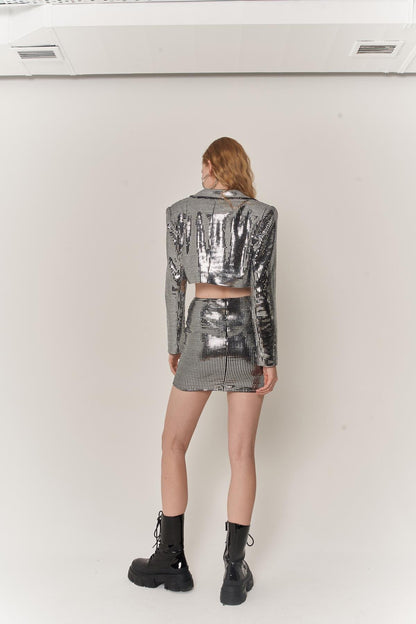 Glammy Silver Sequin Cropped Jacket