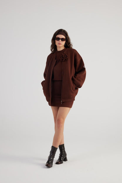 Alexa Brown Oversize Bomber Jacket with Removable Rose Accessory