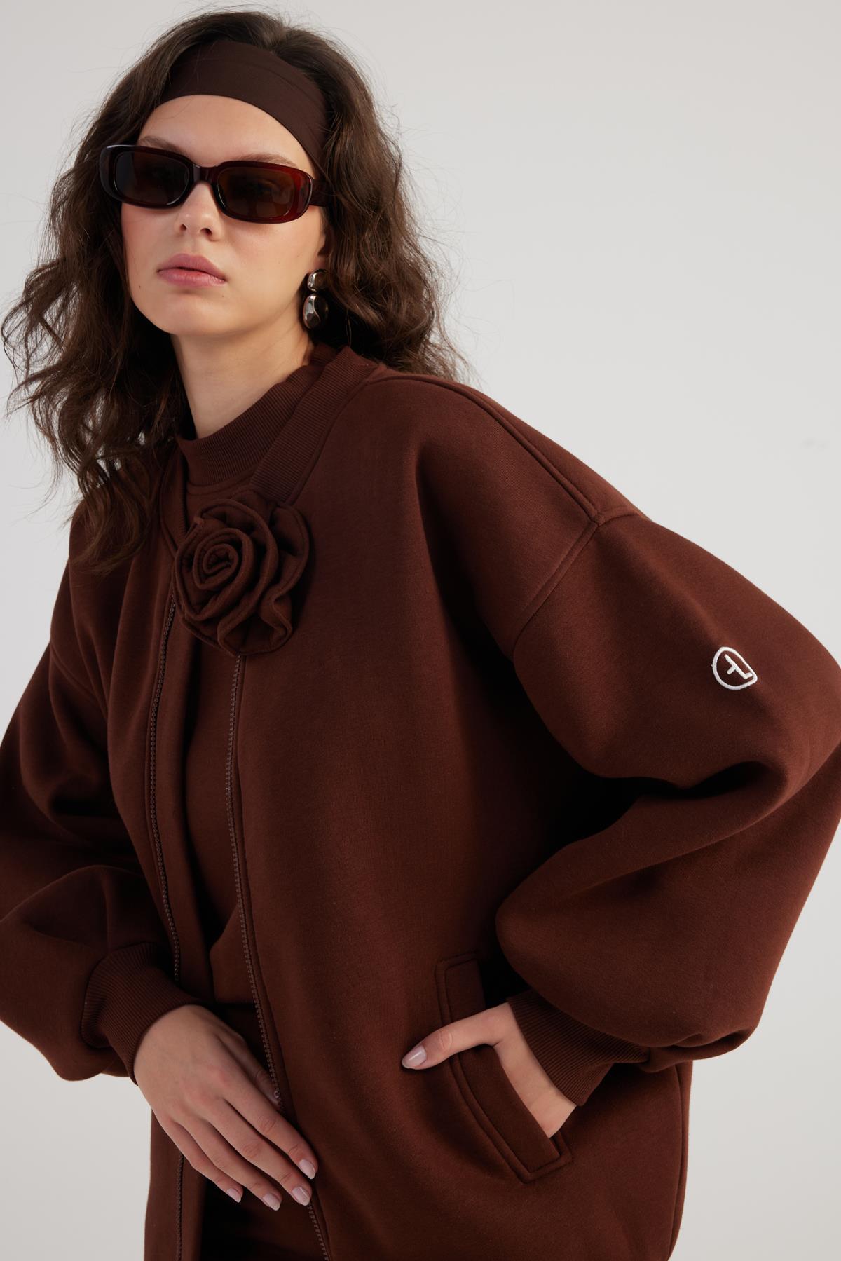 Alexa Brown Oversize Bomber Jacket with Removable Rose Accessory