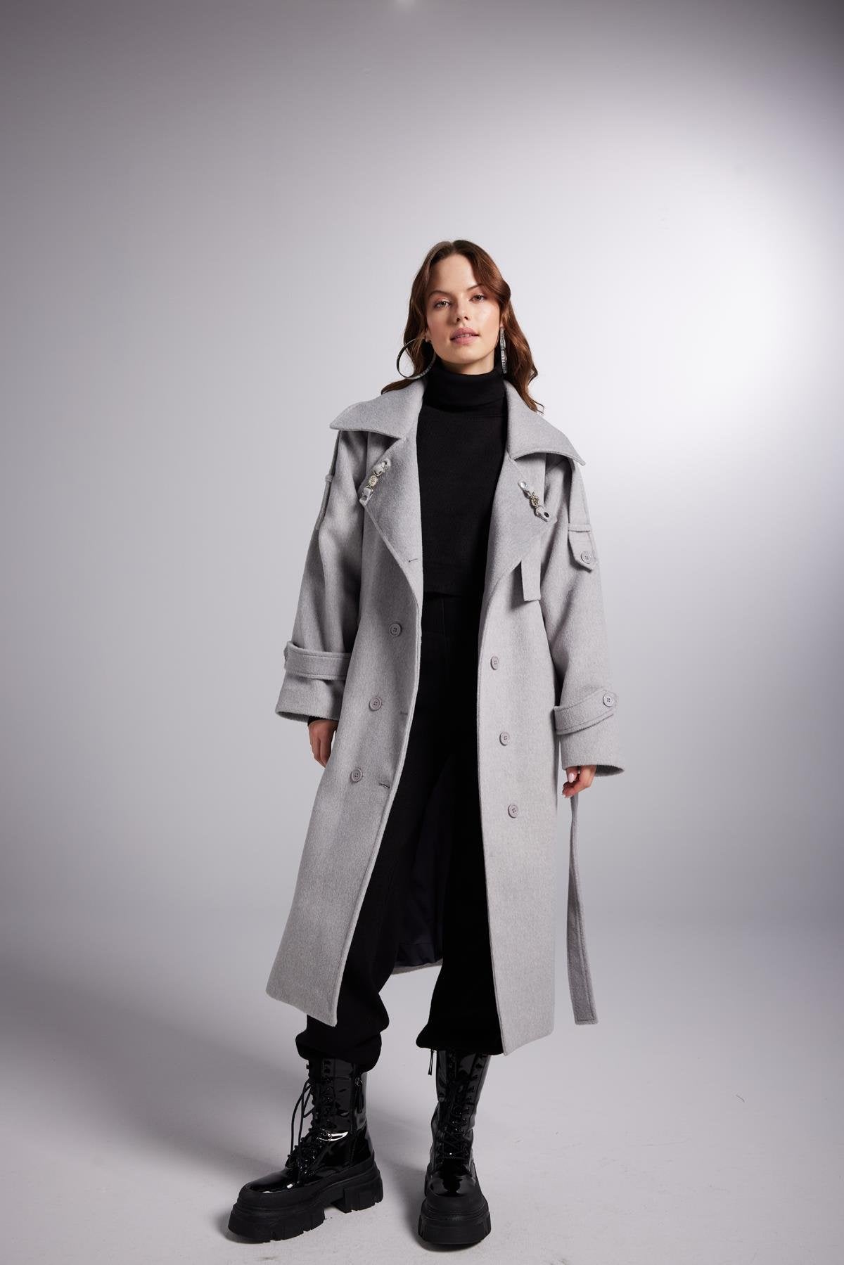 Accessorized Wool Blended Cashmere Maxi Woody Grey Coat