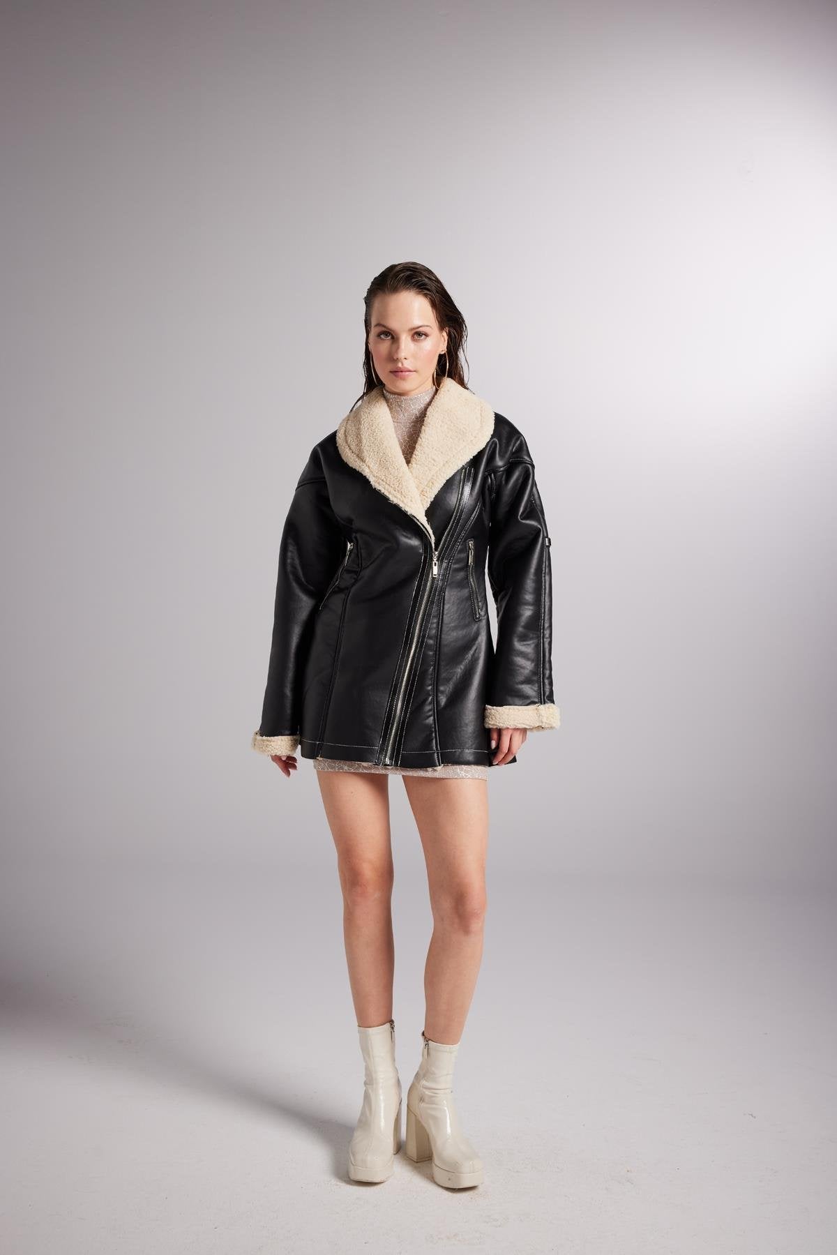 Monero Black Vegan Faux Leather Coat with Fur Lining