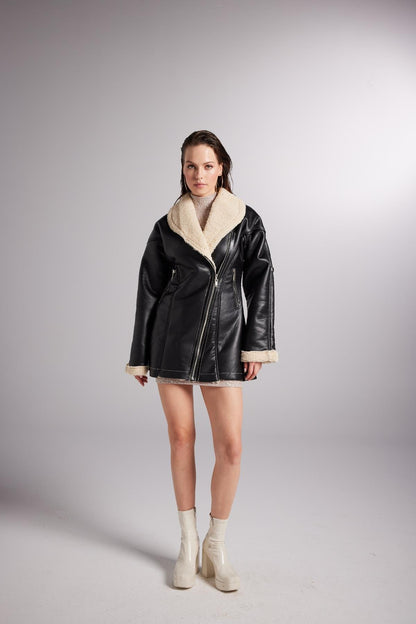 Monero Black Vegan Faux Leather Coat with Fur Lining