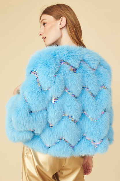 Bamboo Sequin Eco Faux Fur Coat in Blue