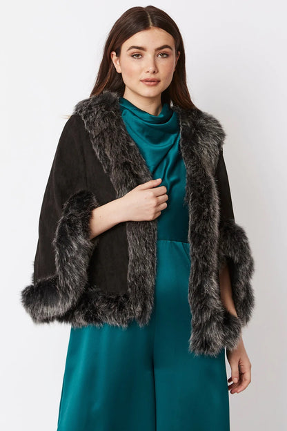 Black Faux Fur Suede Cape Jacket