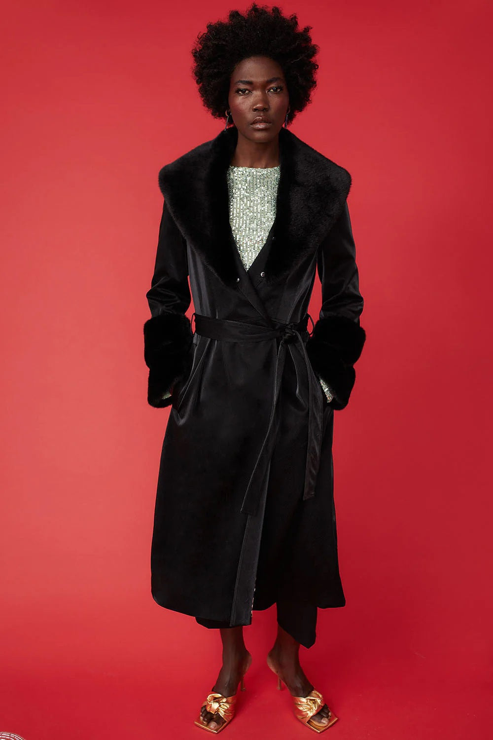 Black Faux Leather Trench Coat with Faux Fur Collar and Cuffs