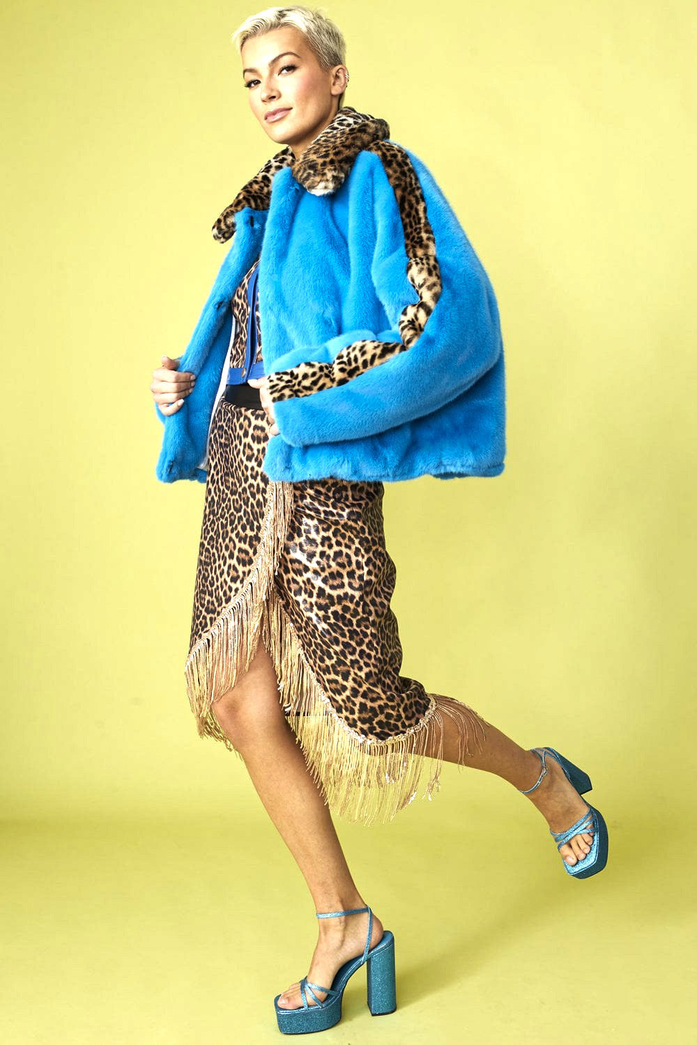 Blue and Leopard Print Faux Fur Coat