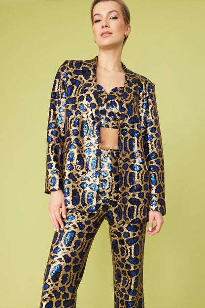 Blue Bamboo Animal Print Sequin Blazer