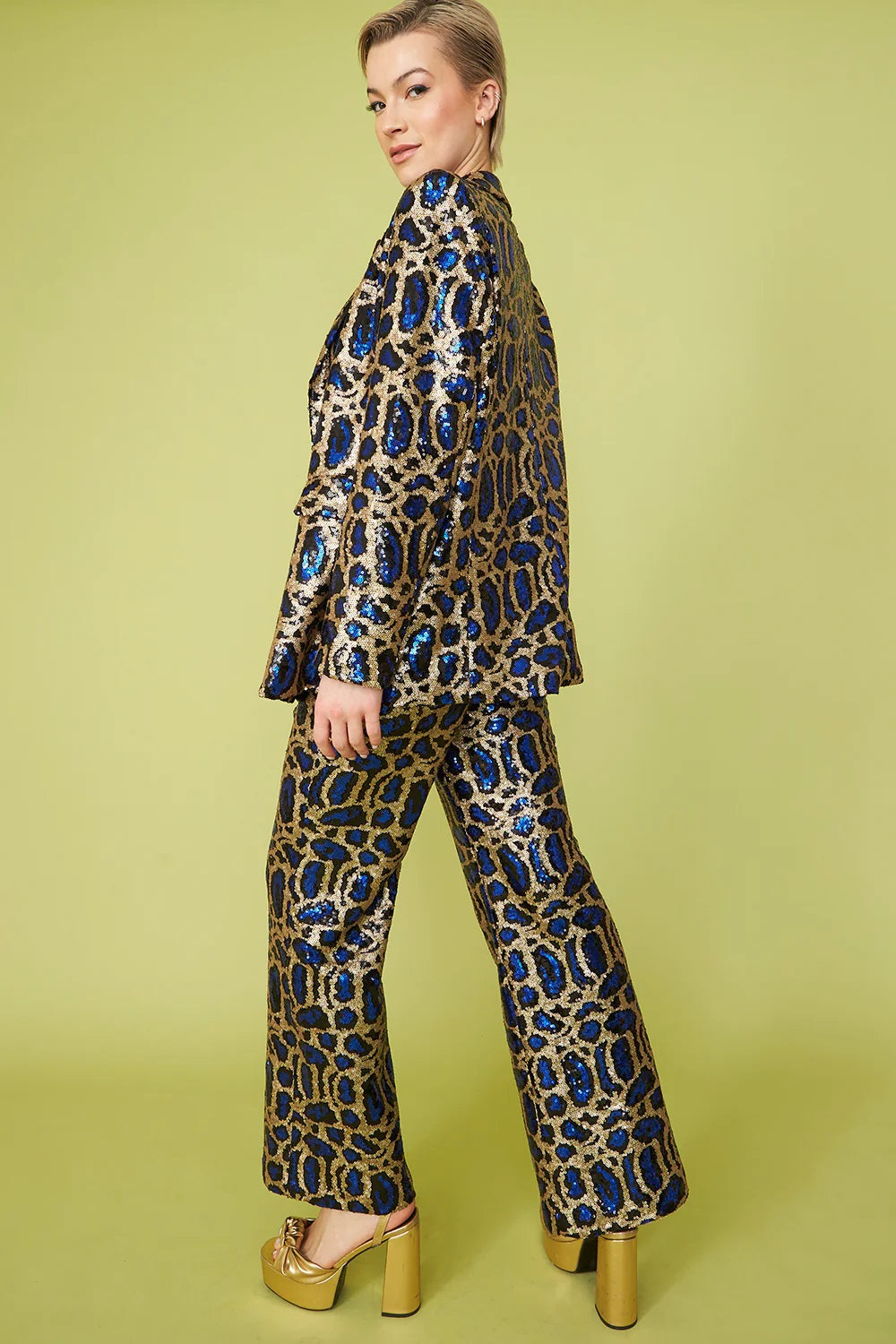 Blue Bamboo Animal Print Sequin Blazer